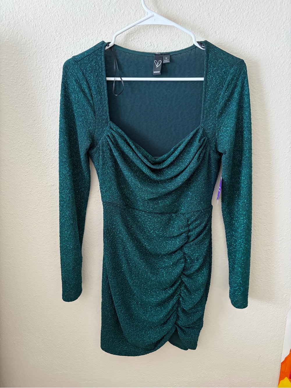 Windsor Teal Sparkle Ruched Long-Sleeve Mini Dress